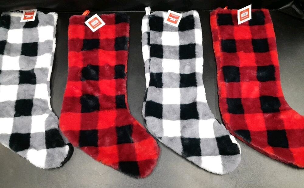 4 Red Black White Gray Holiday Christmas Plaid Stockings 22"x7.5"x0.75"